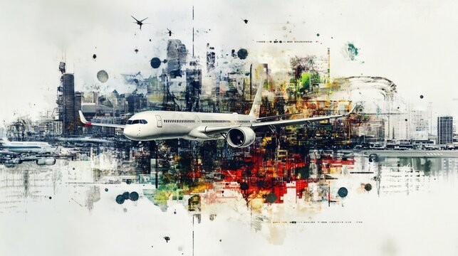 Abstract Art of Air Travel: Airplane Soaring Above City Skyline