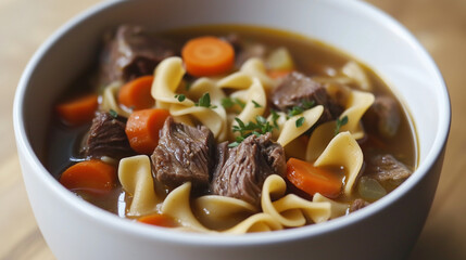 Beef Noodle Soup with Mountain Landscape Background