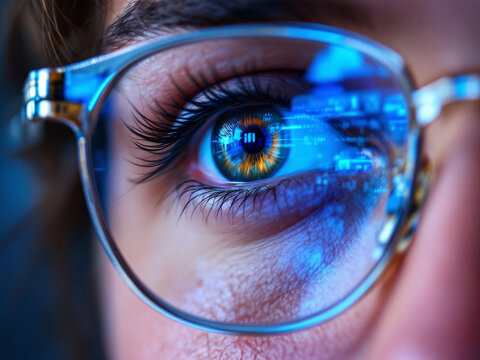 Eye, Glasses, Reflection, Technology, Digital, Screen, Close-up, Iris, Pupil, Eyelashes, Blue, Green, Code, Data, Computer, Monitor, Focus, Detail, Vision, Modern, Cyber, Gaze, High-tech, Glass, Lens,