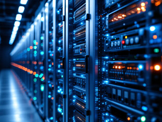 Naklejka premium Servers, Data Center, Technology, Racks, Hardware, Computing, Network, Storage, Blue Lights, Equipment, Infrastructure, Digital, IT, Cloud, Processing, High-tech, Computers, Blades, Cooling, Cables, M