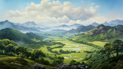 A photo of a panoramic landscape oil painting