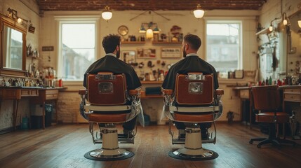 Two individuals sitting in barber chairs in a vintage barbershop setting.