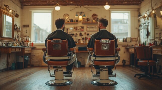 Two individuals sitting in barber chairs in a vintage barbershop setting.