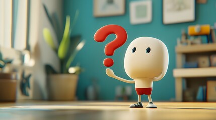 Naklejka premium It is a playful 3D character holding a red question mark, conveying a sense of curiosity and intrigue