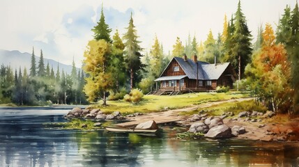 Obraz premium A photo of a peaceful cabin in the woods watercolor