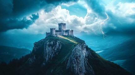 A medieval fortress on a mountain top, with large stone walls, wooden drawbridges, and snow covering the landscape below.