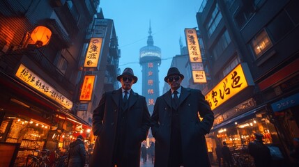 Obraz premium Two men in suits stand in a vibrant urban alley illuminated by neon signs.