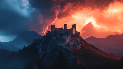 Obraz premium A medieval fortress on a mountain top, with large stone walls, wooden drawbridges, and snow covering the landscape below.