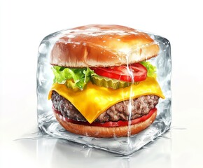 Fresh cheeseburger frozen in square block of ice 