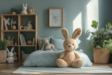 Photographie immobilière professionnelle d'une chambre d'enfant moderne avec lit simple, murs pastel et décoration ludique, ambiance chaleureuse et joyeuse