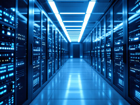 Servers, Data Center, Technology, Racks, Hardware, Computing, Network, Storage, Blue Lights, Equipment, Infrastructure, Digital, IT, Cloud, Processing, High-tech, Computers, Blades, Cooling, Cables, M