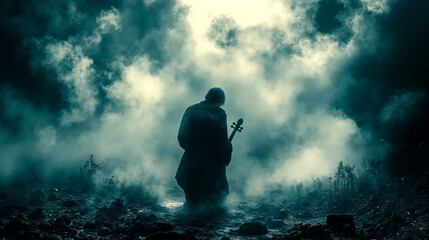 Obraz premium A man standing in the middle of a dark forest holding a guitar