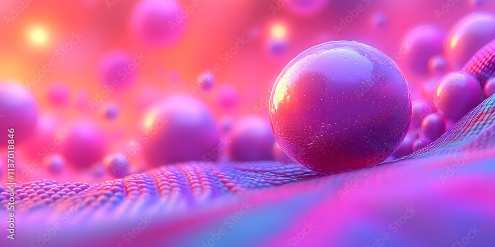 Poster abstract representation of colorful spheres on a textured surface.