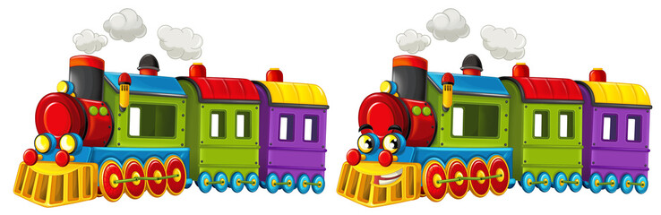 Cartoon funny set of looking steam train locomotive vehicle transportation isolated on white background illustration for children