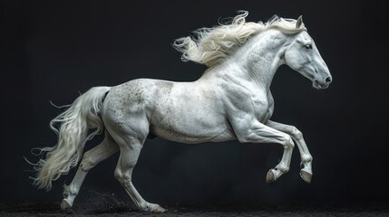 A majestic white horse galloping gracefully against a dark backdrop.
