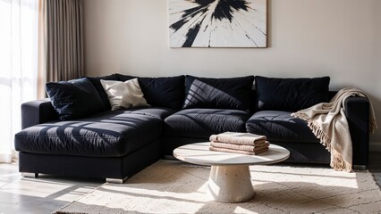 Generative AI, Modern living room with a matte black velvet sectional sofa, monochrome artwork, travertine coffee table, and natural light