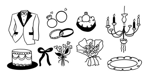 Hand-Drawn Wedding Illustration Set | Minimalist Doodle Vector for Bridal and Celebration Designs