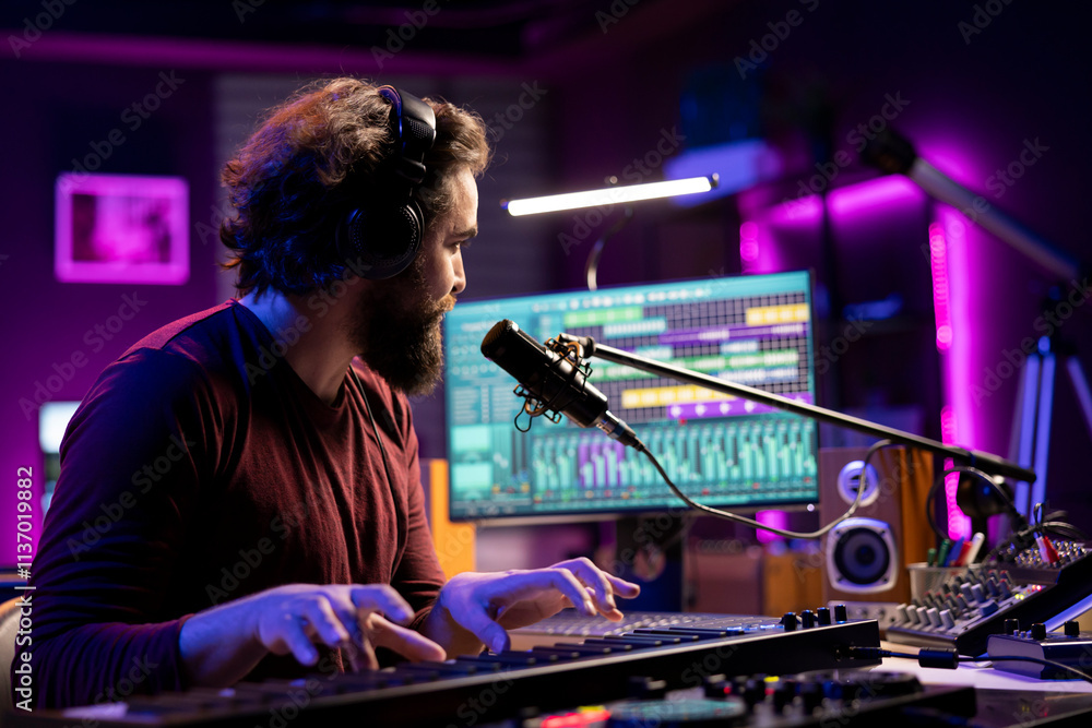 Leinwandbilder music producer singing song on microphone and playing piano keyboard to record tunes on aw software 
