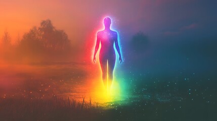 Obraz premium Radiant Human Figure in a Misty Sunset Landscape