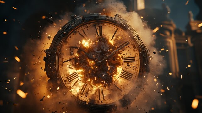 A large antique clock dramatically shatters in an intense explosion, with flying gears and debris. The fiery scene creates a chaotic yet visually stunning atmosphere, symbolizing time destruction.. AI