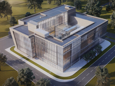 Una representaci&oacute;n arquitect&oacute;nica en 3D de un edificio moderno con una capa de planos superpuestos
