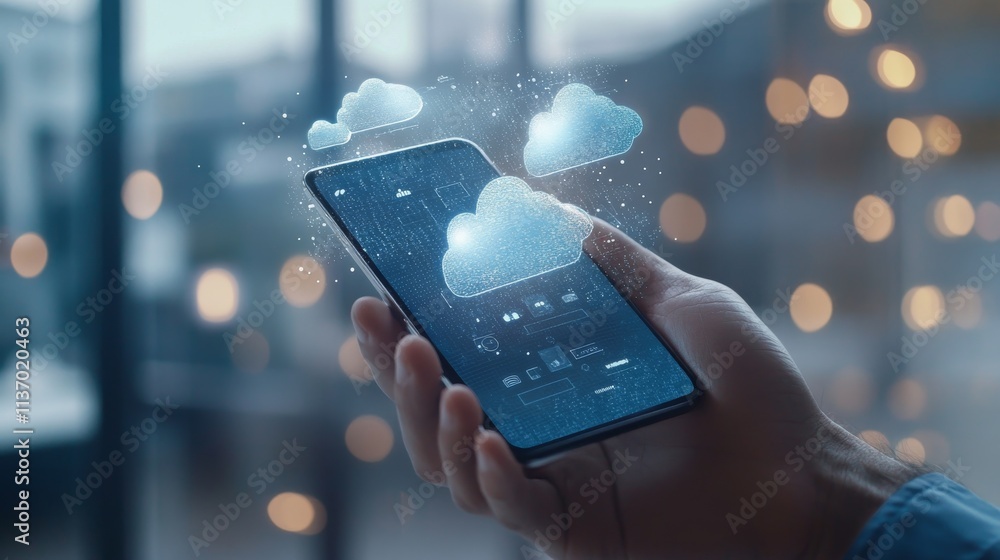 Poster a hand holding a smartphone with digital clouds floating above, representing cloud computing and dig