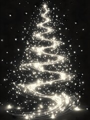 A stylish black-and-white Christmas tree illustration decorated with lights and surrounded by snowflakes and stars