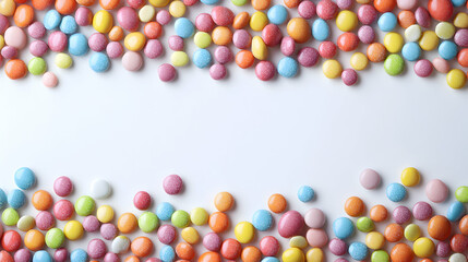 Obraz premium Colorful Candy Frame, Sweet Treats Bordering a White Background, Perfect for Festive Designs and Celebrations.