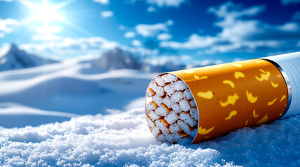 A cigarette in the snow with a blue sky in the background