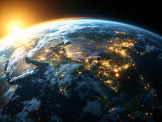 Obraz premium Earth, globe, space, night, lights, cities, continent, sunrise, dawn, atmosphere, stars, universe, planet, geography, map, technology, network, connections, urban, population, landmass, oceans, coast