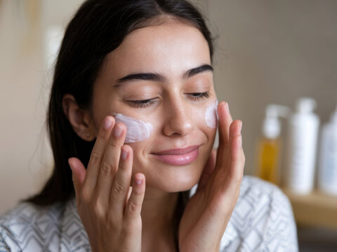 Un primer plano de una mujer joven con cabello oscuro aplic&aacute;ndose crema hidratante en la cara
