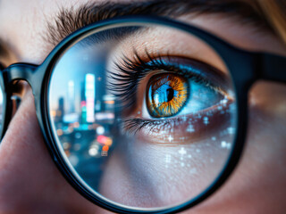 Eye, Glasses, Reflection, Technology, Digital, Screen, Close-up, Iris, Pupil, Eyelashes, Blue, Green, Code, Data, Computer, Monitor, Focus, Detail, Vision, Modern, Cyber, Gaze, High-tech, Glass, Lens,