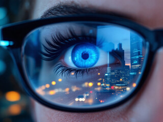 Eye, Glasses, Reflection, Technology, Digital, Screen, Close-up, Iris, Pupil, Eyelashes, Blue, Green, Code, Data, Computer, Monitor, Focus, Detail, Vision, Modern, Cyber, Gaze, High-tech, Glass, Lens,