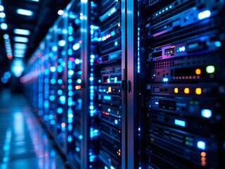 Servers, Data Center, Technology, Racks, Hardware, Computing, Network, Storage, Blue Lights, Equipment, Infrastructure, Digital, IT, Cloud, Processing, High-tech, Computers, Blades, Cooling, Cables, M