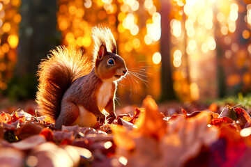 Fototapeta premium A squirrel sitting on a pile of leaves in the woods