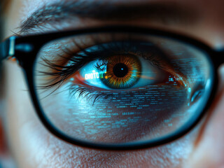 Eye, Glasses, Reflection, Technology, Digital, Screen, Close-up, Iris, Pupil, Eyelashes, Blue, Green, Code, Data, Computer, Monitor, Focus, Detail, Vision, Modern, Cyber, Gaze, High-tech, Glass, Lens,