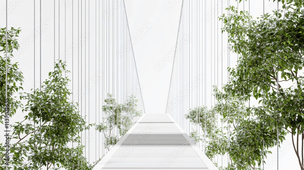 Poster modern white bridge with trees, a minimalist architectural design connecting nature and urban spaces