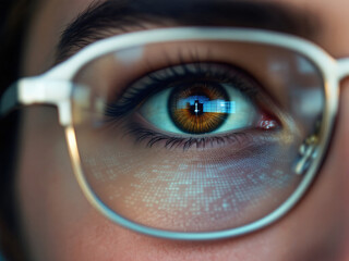 Eye, Glasses, Reflection, Technology, Digital, Screen, Close-up, Iris, Pupil, Eyelashes, Blue, Green, Code, Data, Computer, Monitor, Focus, Detail, Vision, Modern, Cyber, Gaze, High-tech, Glass, Lens,