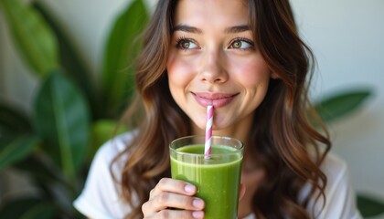 A cheerful woman drinks a healthy green smoothie while sitting indoors, showcasing wellness and vitality.

