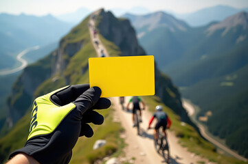 Cyclist holding yellow card with mountain trail and cyclists in background