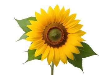 Obraz premium A large, vibrant yellow sunflower with green leaves against a white background