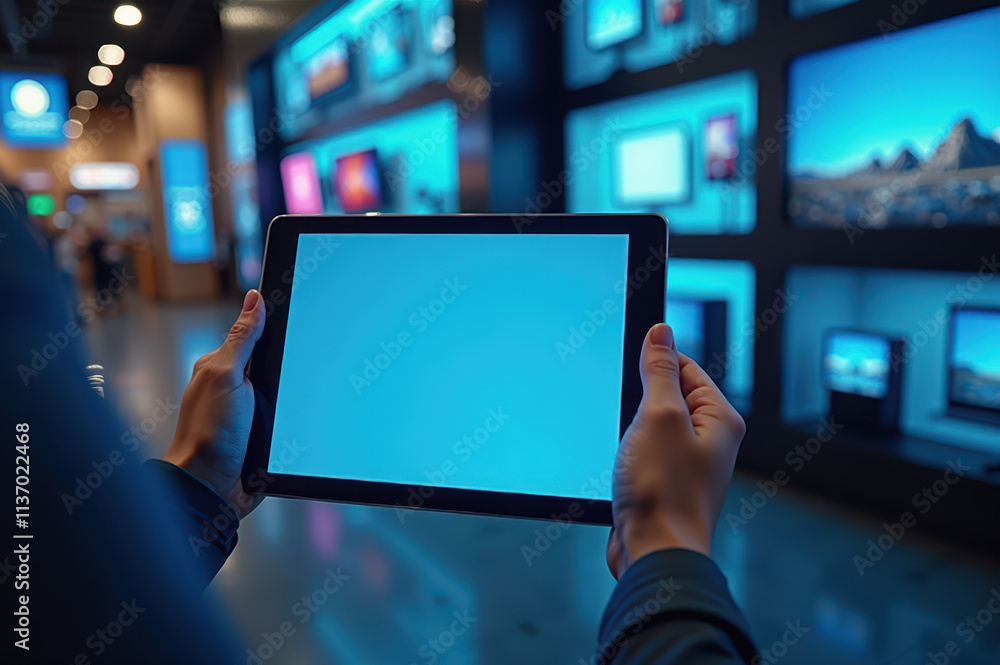 Poster hands holding tablet in electronics store with display screens in background