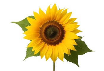 Obraz premium A large, vibrant yellow sunflower with green leaves against a white background