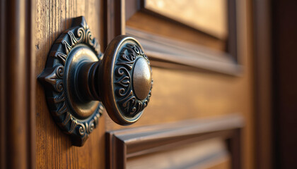 Ornate Door Handle on a Wooden Door
