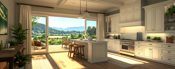 Obraz premium Sunlit Kitchen with Island and Stunning Mountain View, Modern Farmhouse Design Featuring a Spacious Layout, High-End Appliances, and Natural Light.