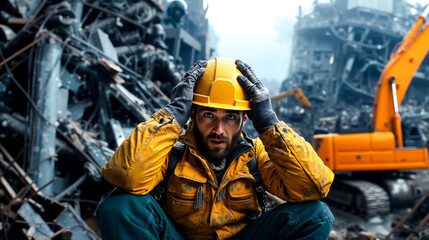 A man wearing a hard hat sitting in front of a pile of rubble