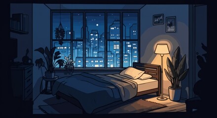 Cozy bedroom with a view of a city skyline at night