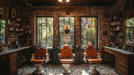Vintage barber shop interior with three chairs and rustic decor.