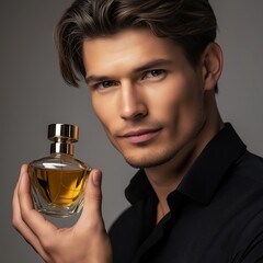 Confident Male Model Holding Perfume Bottle in Dark Elegant Setting