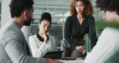 Team, leader and business people in discussion, planning or brainstorming strategy with tablet in office. Technology, group and engagement manager in meeting for project development, solution or talk